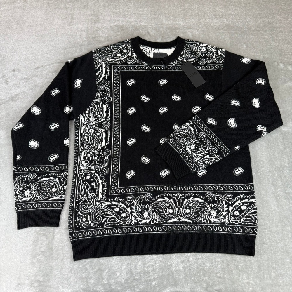 RTA Greed Cashmere Wool Sweater Mens Large Black White Geometric Paisley New NWT